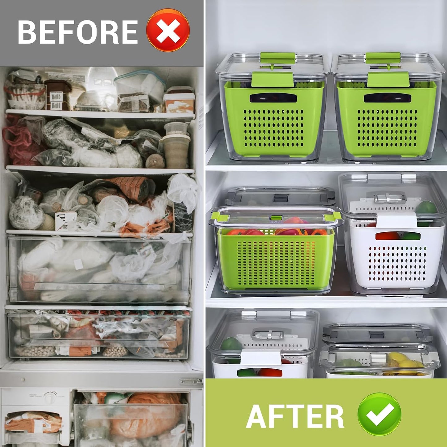 LUXEAR Fruit Vegetable Storage Container, 4 Pack Fresh Containers for Fridge with Lids BPA-Free Produce Refrigerator Organizer for Fruit, Veggie, Berry, Meat Storage Keep Fresh Longer-Green