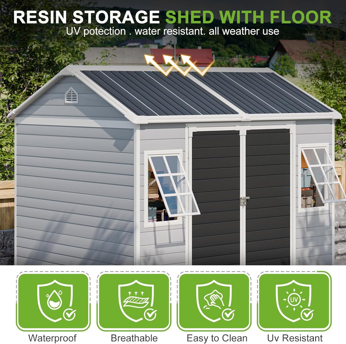 8x6 Shed, Heavy-Duty Outdoor Storage Shed with Floor, Waterproof Plastic Resin Garden Shed for Backyard, Tool Storage with Lockable Double Doors Awning Windows