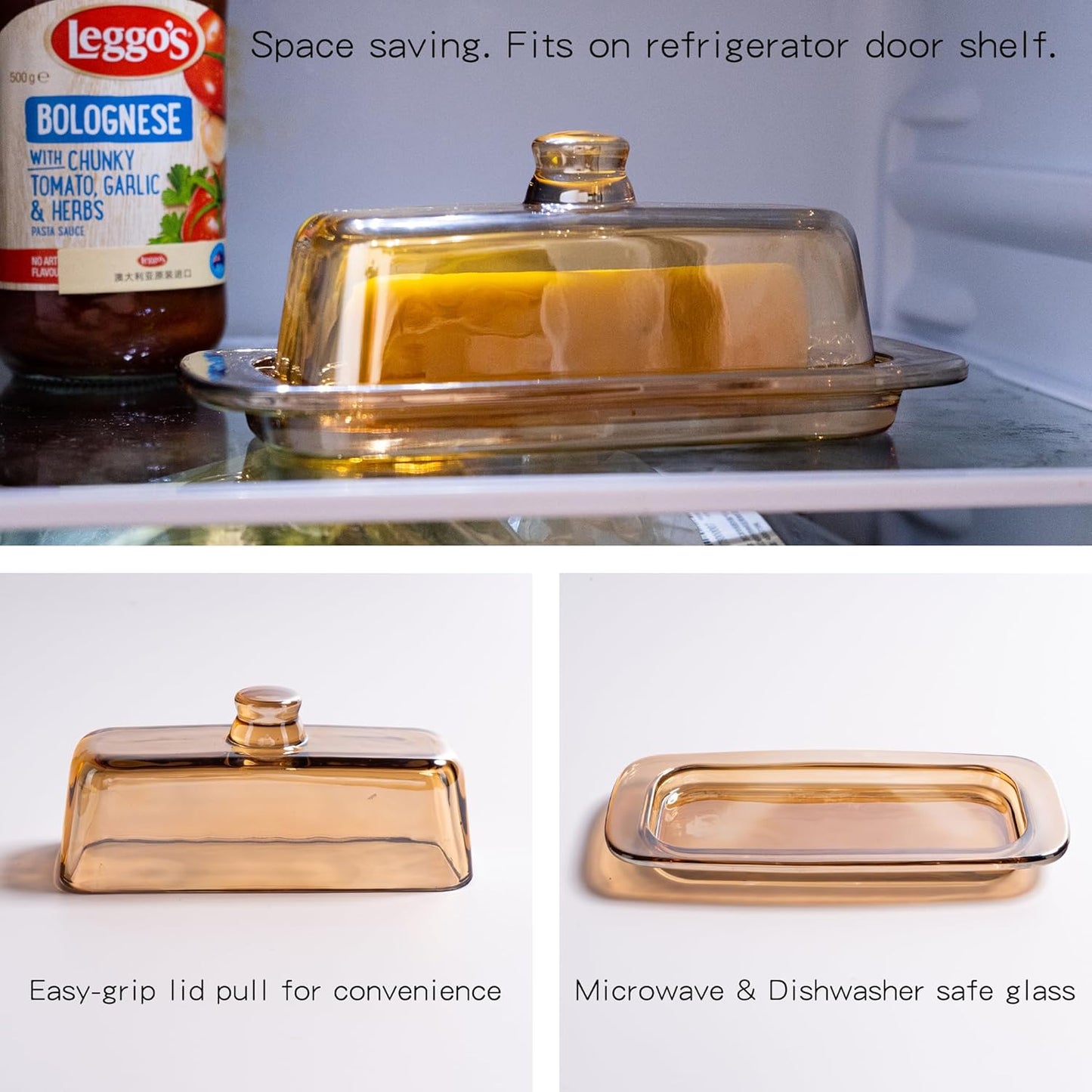 Butter Dish with Lid for Countertop, Elegant Champagne-Colored Covered Glass Butter Holder Tray Container