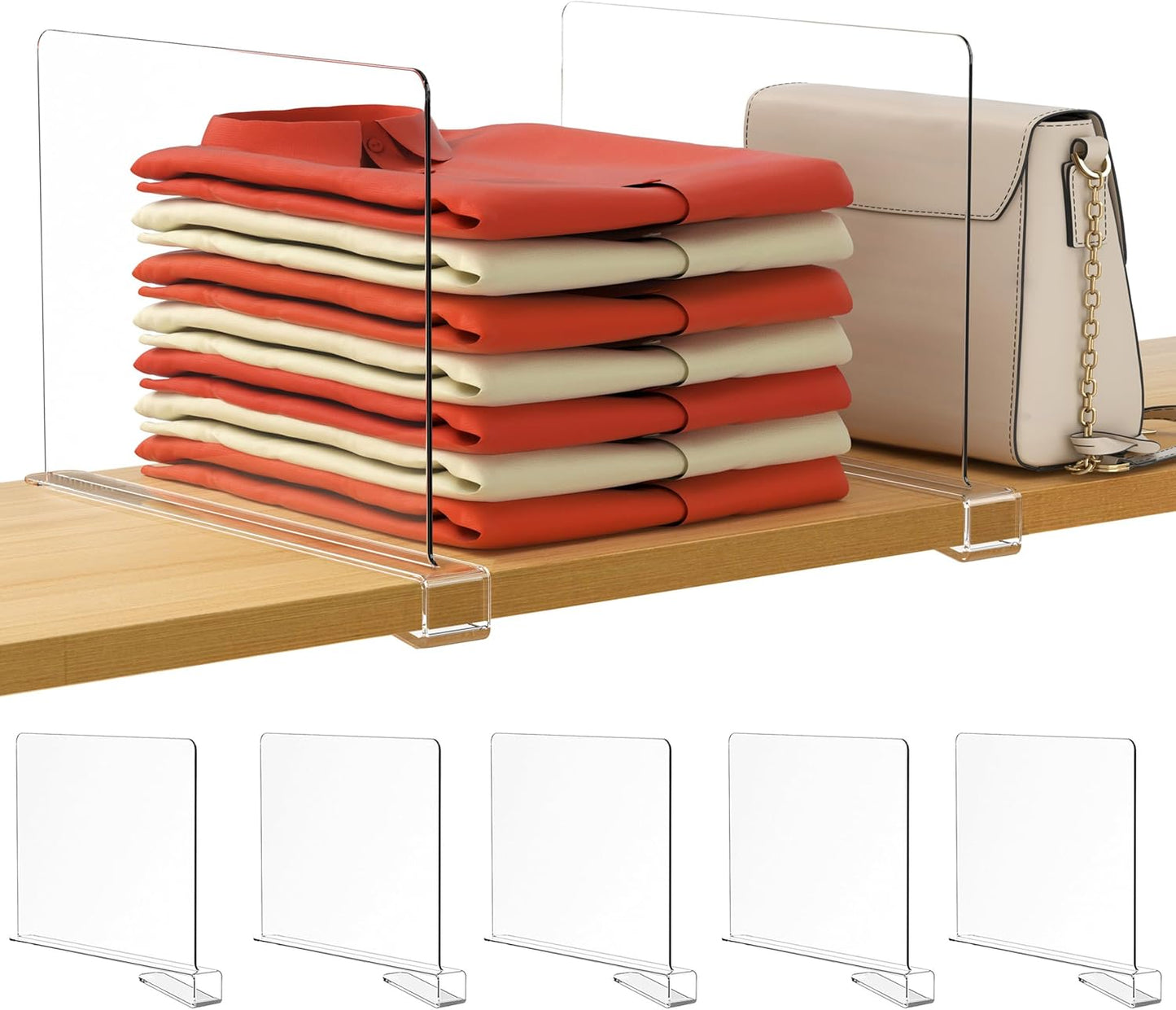 HBlife 5 Pack Clear Shelf Dividers, Vertical Purse Organizer for Closet Perfect for Sweater, Shirts, Handbags in Bedroom and Kitchen, Adjustable Acrylic Bookshelf for Organization