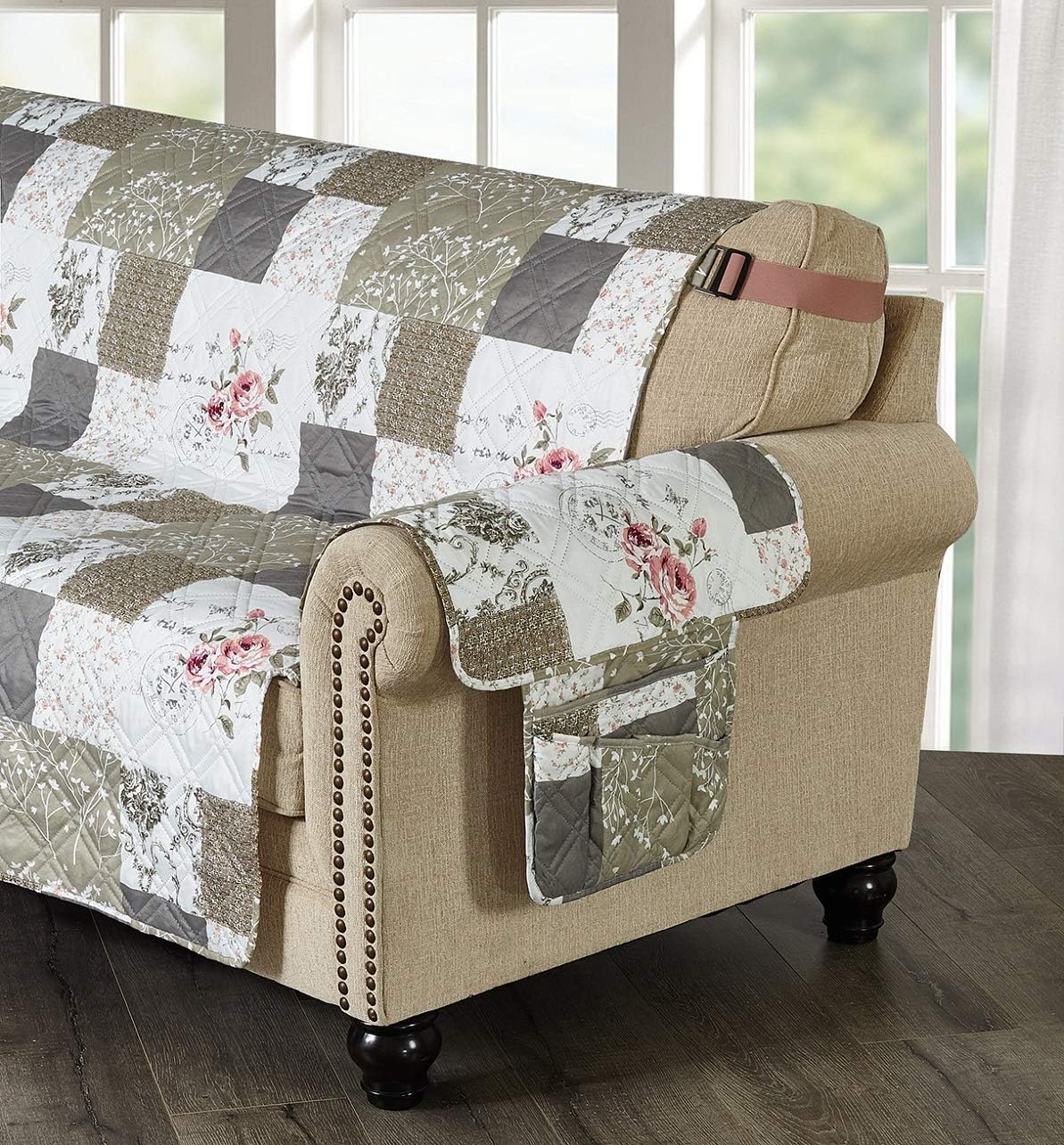 Brilliant Sunshine Rose and Toile Patchwork Couch Armrest 5 Pockets Organizer, Slip Resistant Armchair Caddy, Washable Remote Controls Holder, Storage for Magazine, Tablet, Phone, 35×13", Rose Grey