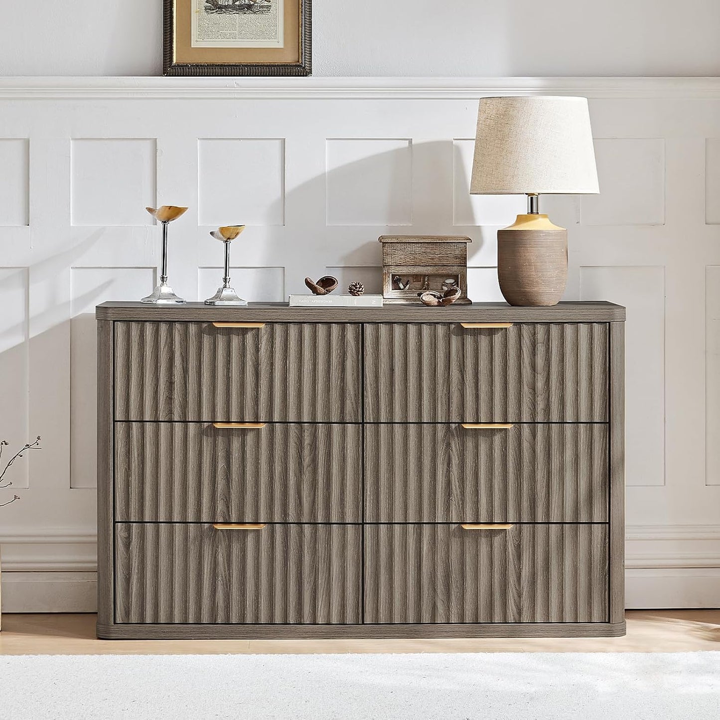 LEYAOYAO Fluted 6 Drawers Dresser, 48" Wide Modern Chest of Drawers with Wood Grain Top, Curved Profile Design, Dresser TV Stand, Wood Drawer Organizer for Bedroom, Living Room, Hallway,Grey