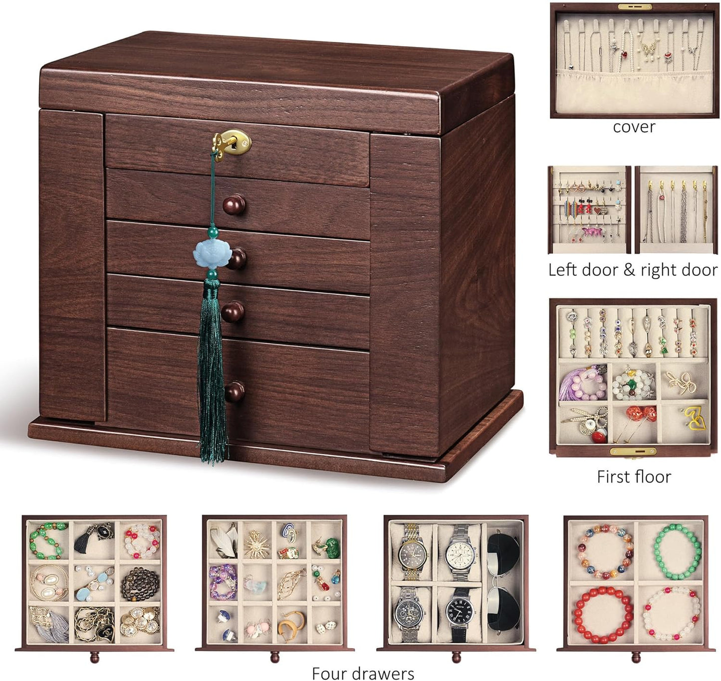 Wooden Jewelry Boxes for Women with Lock,Large Capacity Jewelry Boxes & Organizers,Vintage jewelry organizers and storage,dresser top jewelry organizer,Gift for Wives & Mothers