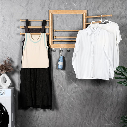 Wall Mounted Drying Rack - Clothes Drying Rack Wall Mounted for Laundry - 20 INCH - with 5 Hooks and 8 arms - 80 lbs Capacity - Natural Bamboo