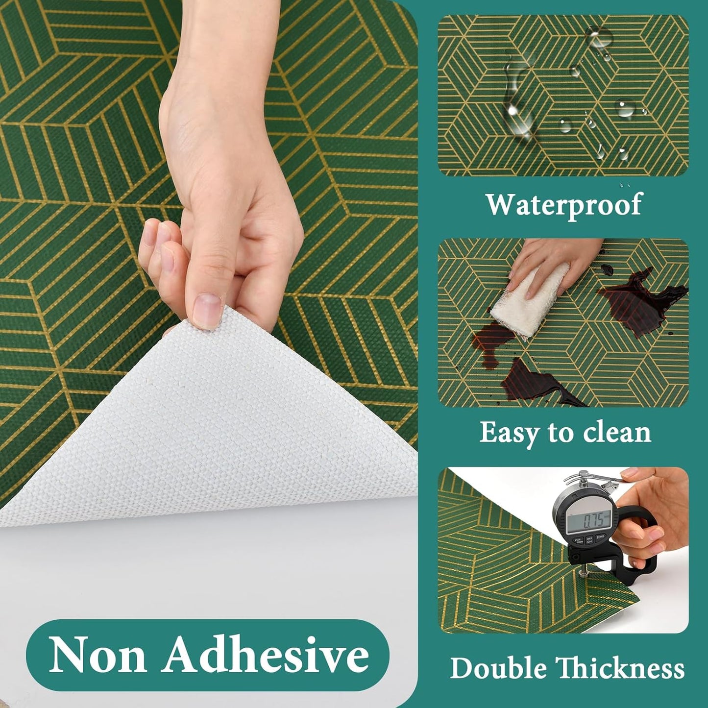 Shelf Liners for Kitchen Cabinets 23.6in x 20FT, Non Adhesive Cabinet Liner Strong Non-Slip Thickened Gold Green Geometric Drawer Liner, Easy to Clean for Shelf, Cabinet with Knife and Tape Measure