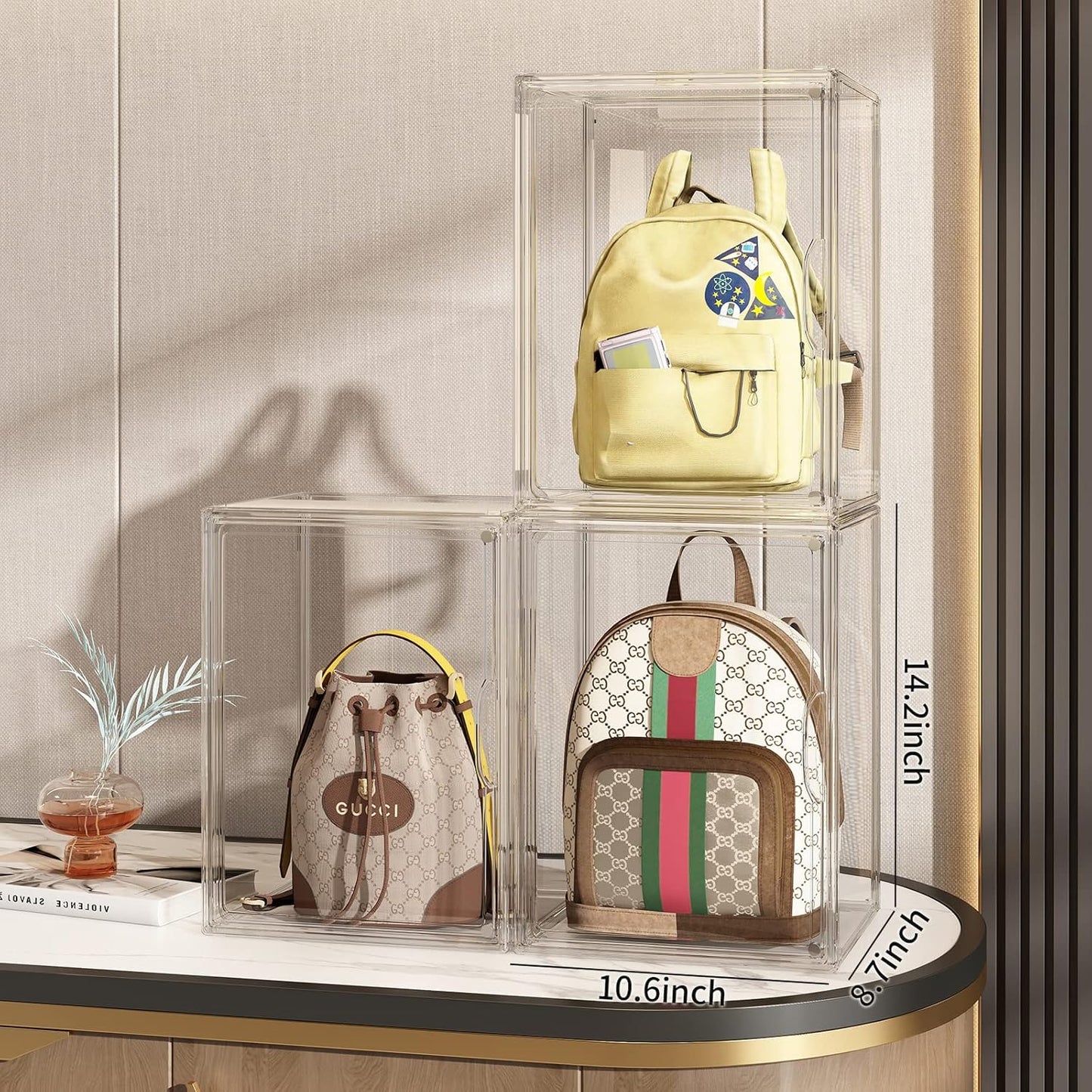 Clear Purse Organizer for Closet, 5 Pack Handbag Storage Organizer, Acrylic Display Case for Collectibles, Stackable Storage Bins with Magnetic Lids for Figure, Wallet, Clutch, Doll