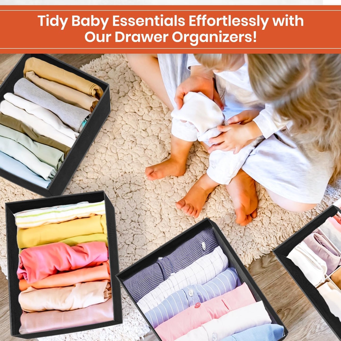 RFAQK 18 Pack Drawer Organizer Clothes-3 Sizes (L, M, S) Baby Dresser Organizer for Storage Closet-Foldable Fabric Baby Clothes Organizer for Bedroom, Bins, Bra, Socks, Belt, Tie-Black