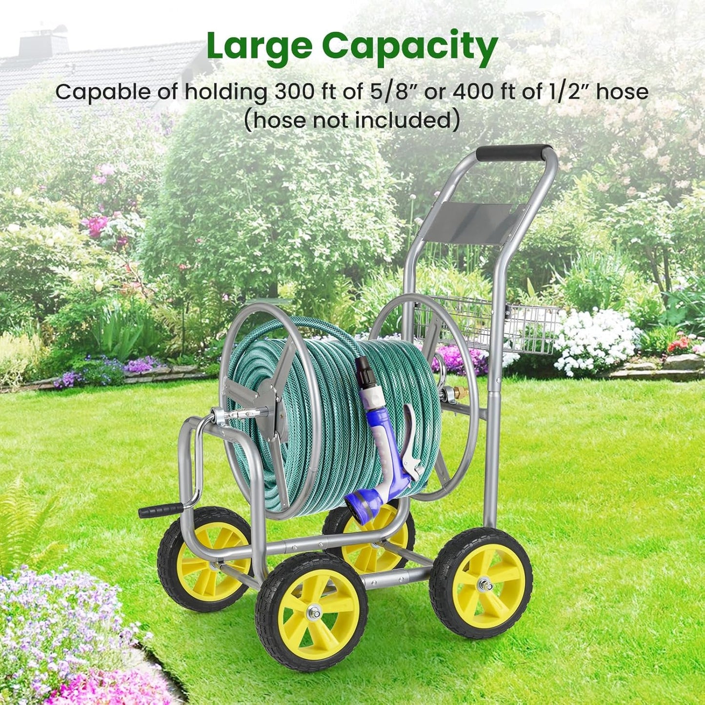 Goplus Garden Hose Reel Cart, 300 FT of 5/8" Large Capacity, Heavy-Duty Metal Hose Cart w/ 4 Wheels, Storage Basket, Portable Water Hose Organizer for Outside Yard, Outdoor Planting Tool (Silver)