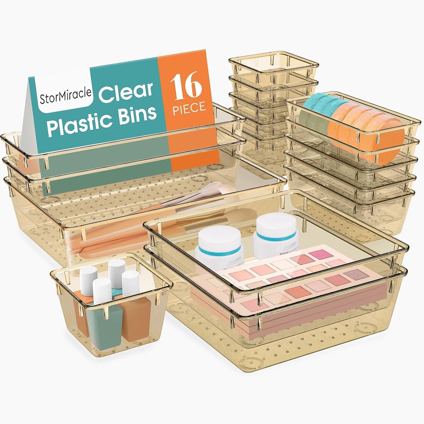 16 PCS Drawer Organizer Set, 5 Varied Size Bathroom and kitchen Drawer cabinet organizer Trays, Clear Storage Bins for Makeup, Jewelry, Utensils and Gadgets, Champagne