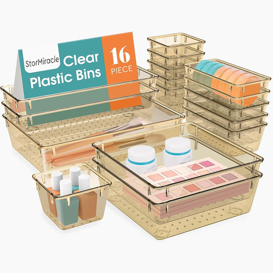 16 PCS Drawer Organizer Set, 5 Varied Size Bathroom and kitchen Drawer cabinet organizer Trays, Clear Storage Bins for Makeup, Jewelry, Utensils and Gadgets, Champagne