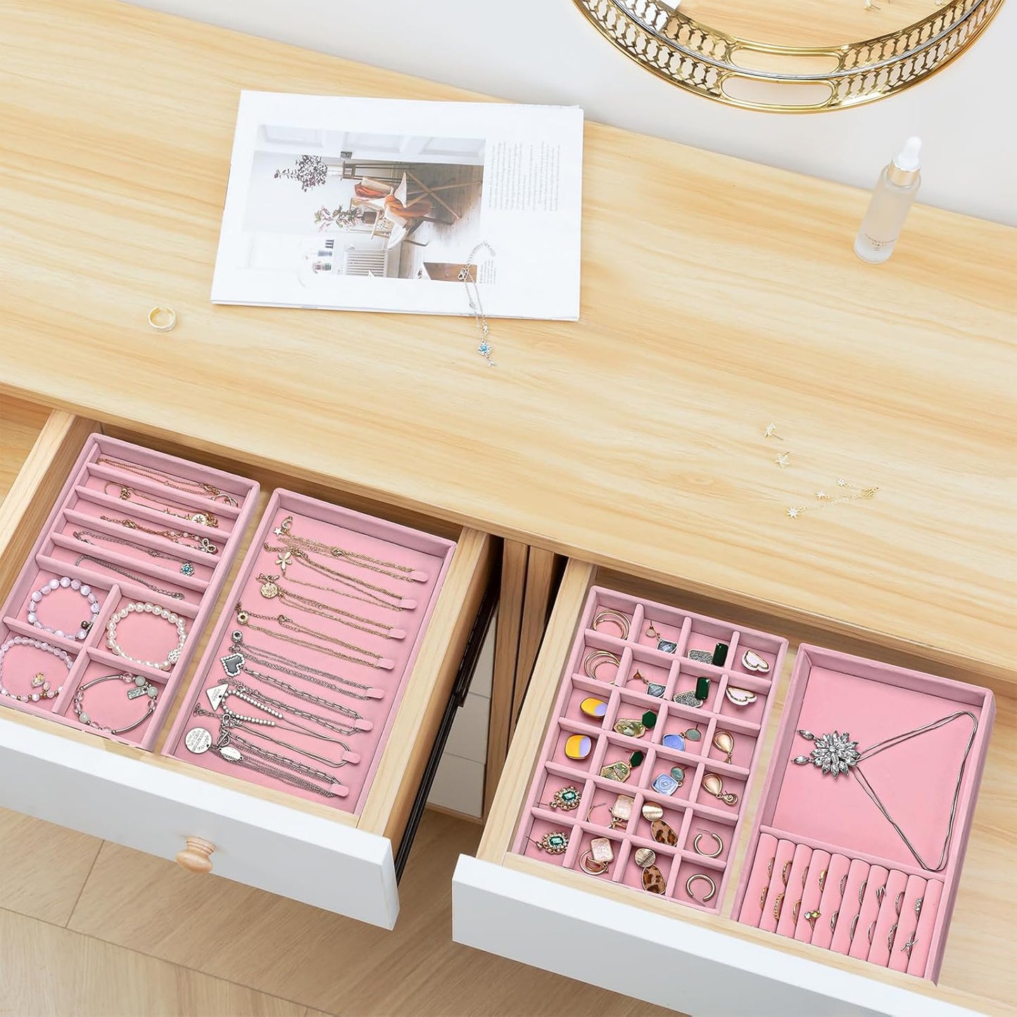 ProCase Stackable Jewelry Organizer Trays for Drawers, Jewelry Drawer Inserts Container Display Case Storage for Earring Necklace Rings Bracelet with Removable Dividers -Dustypink, 4 Layers
