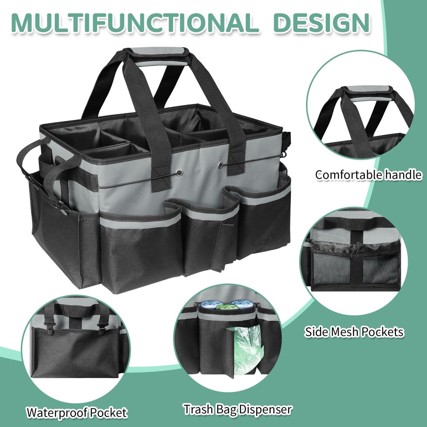 Boczif Cleaning Caddy Bag Wearable, Supplies Organizer With Handle, Shoulder Straps & Detachable Divide, Tool Organizers Tote for Cleaners & Housekeepers (Grey)
