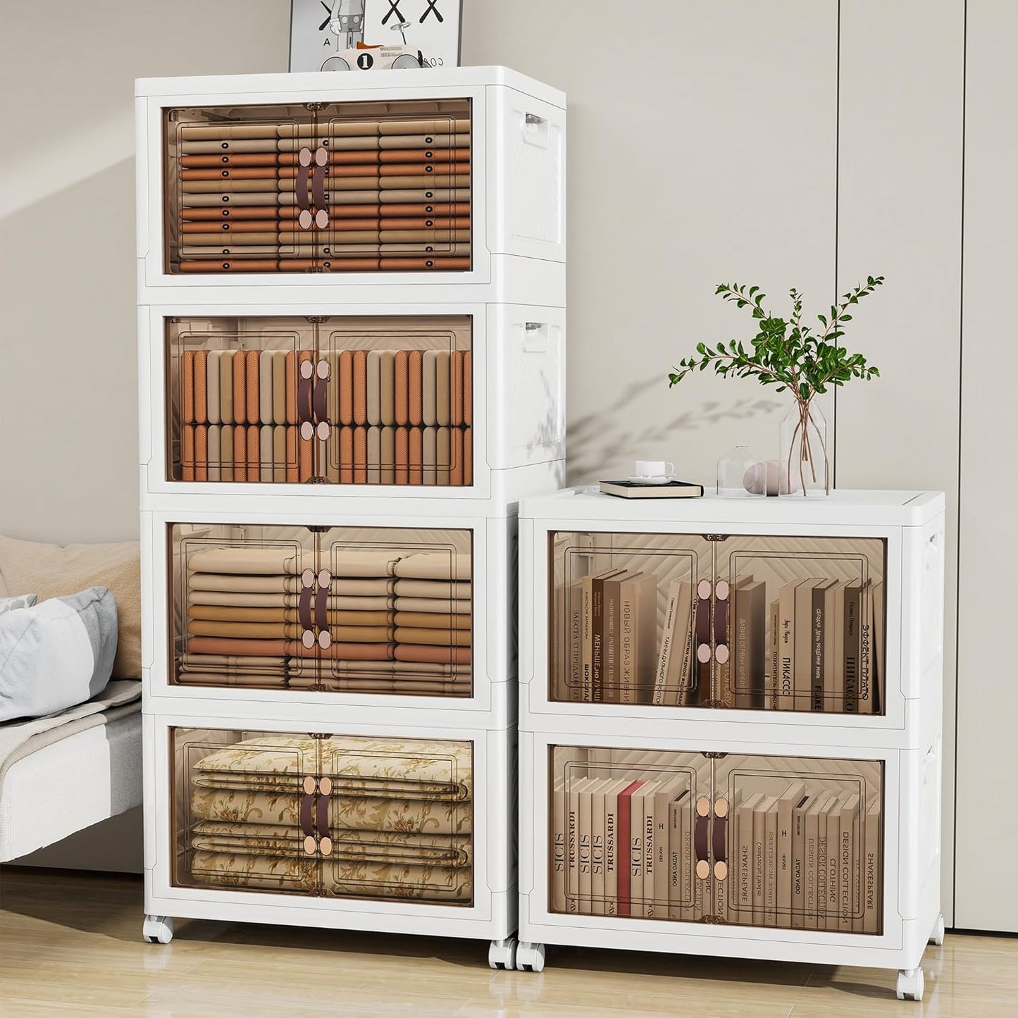 Storage Bins with 2 Lids and Wheels, Collapsible Bathroom Storage Cabinet with Clear Doors, Plastic Stackable Closet Organizers and Storage Containers White 942 QT