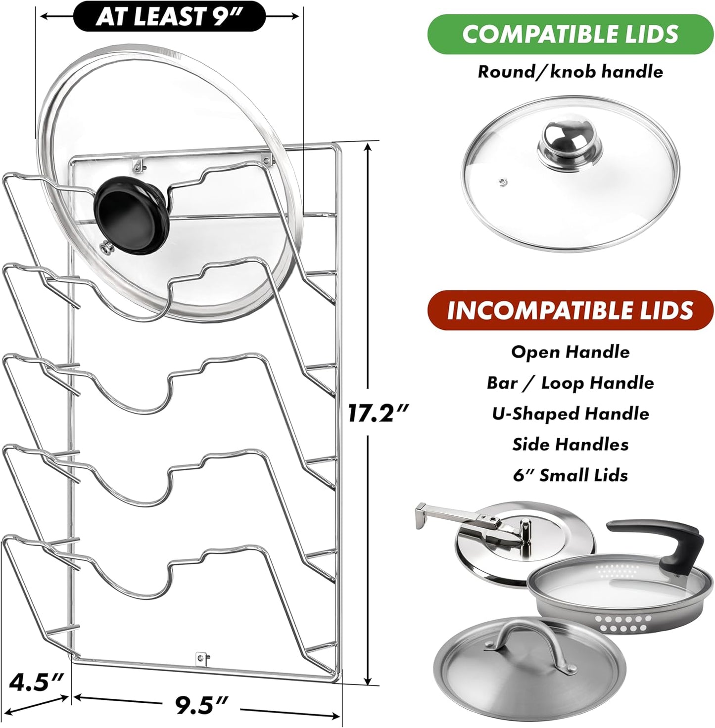 Simple Houseware Wall Door Mounted Pot Lid Rack, Chrome Finish