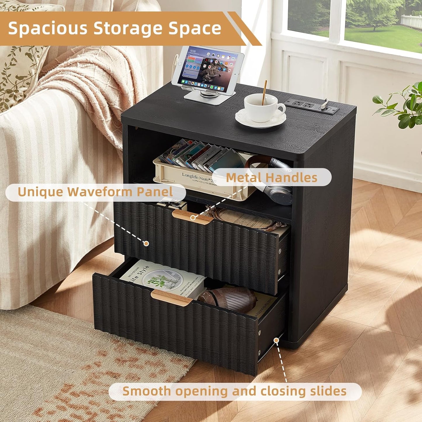 LEYAOYAO Fluted Nightstand with Charging Station, 23" Wide 2 Drawers End Table,Black Night Stand with Open Storage Cabinet, Farmhouse Bed Side Tables, Wood Dresser for Bedroom, Living Room, Closet