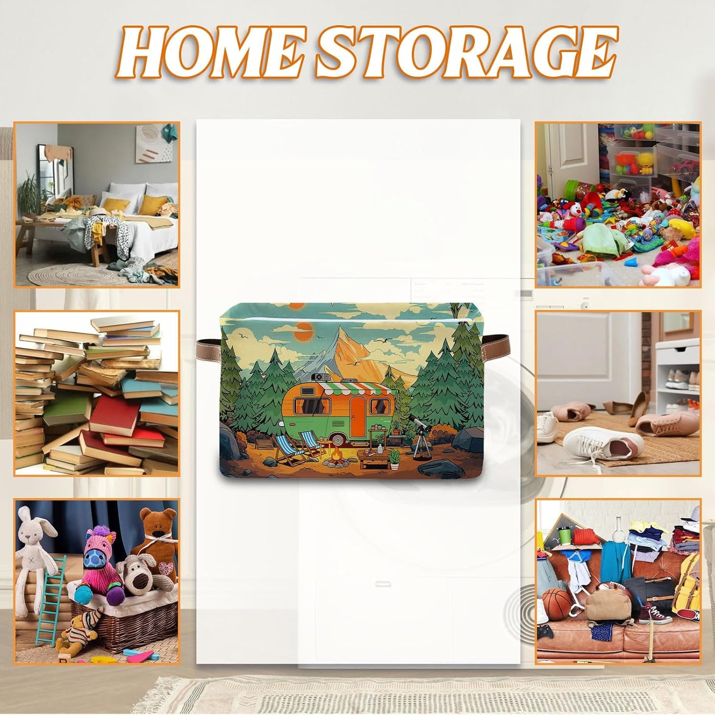 Rectangle Camp Nursery Storage Basket, Collapsible Storage Box Bin with Handles for Toy, Truck Storage Basket for Friend, Laundry Organizer for Room, Gifts for Chritsmas Thanksgiving 14.9x11x9.4in