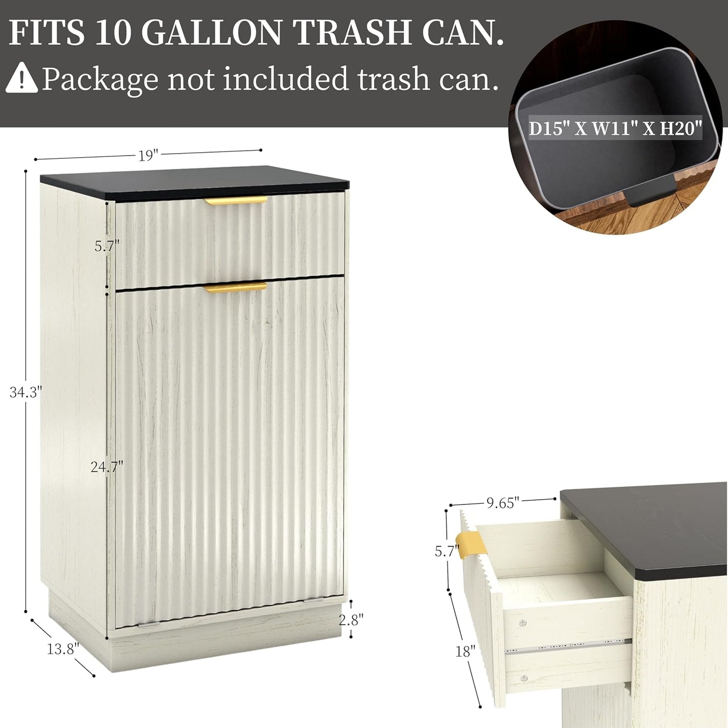 Tilt-Out Trash Cabinet, White Laundry Hamper Cabinet with Black Top, 34.3 x 19 x 13.8 inches, 10 Gallon Capacity, Wave-Textured Front, Storage Drawer.