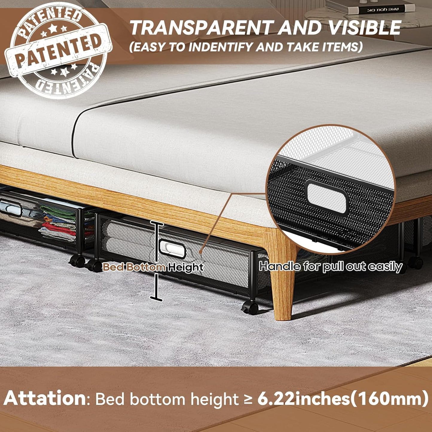 PHINOX Under Bed Storage Containers with Wheels - Shoe Storage Organizer Drawer, Tool-free Assembly Metal Underbed Storage for Bedroom Clothes, Shoes, Blankets - 2Pack