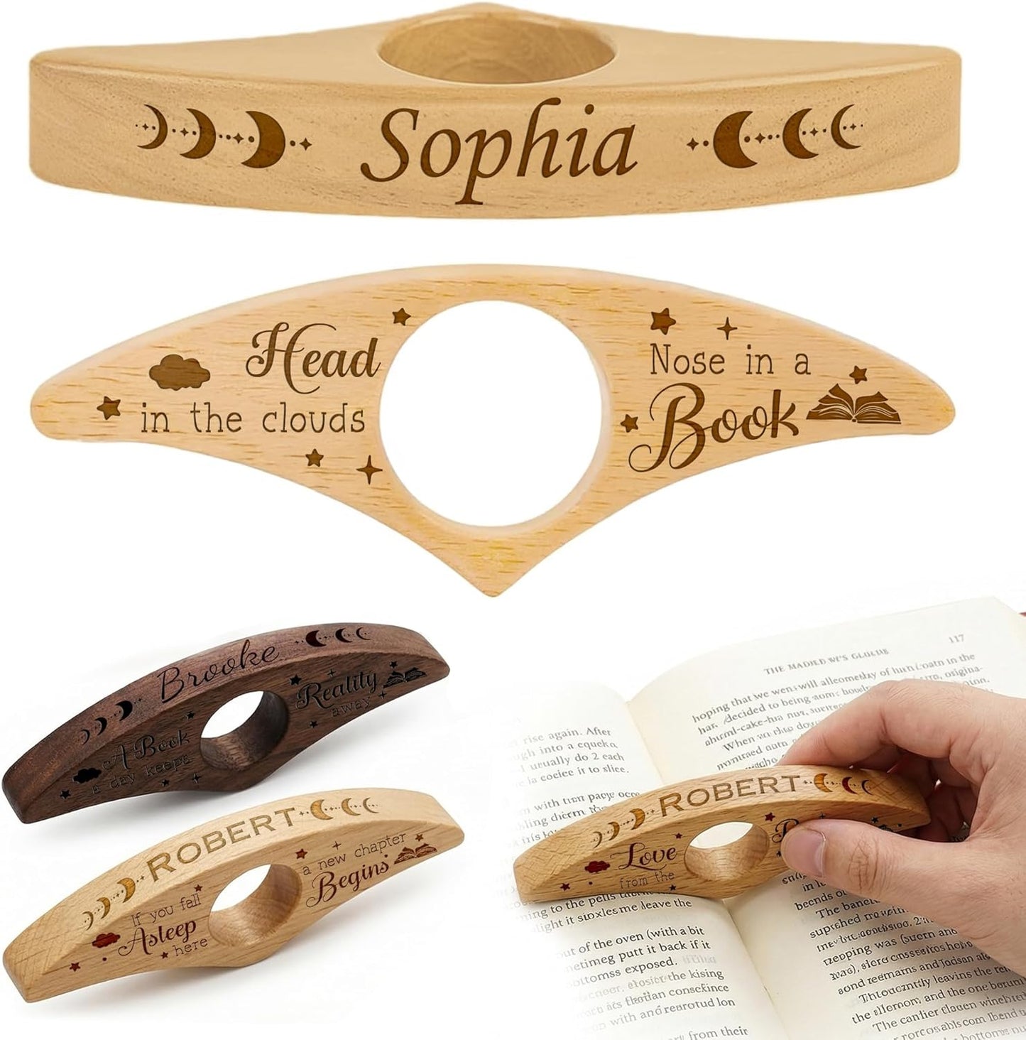 Personalized Wooden Book Page Holder – Custom Thumb Ring Page Holder with Engraved Name, Ideal Reading Accessory for Book Lovers, Perfect Gift for Parents, Partners, Teachers, Christmas (Style 1)