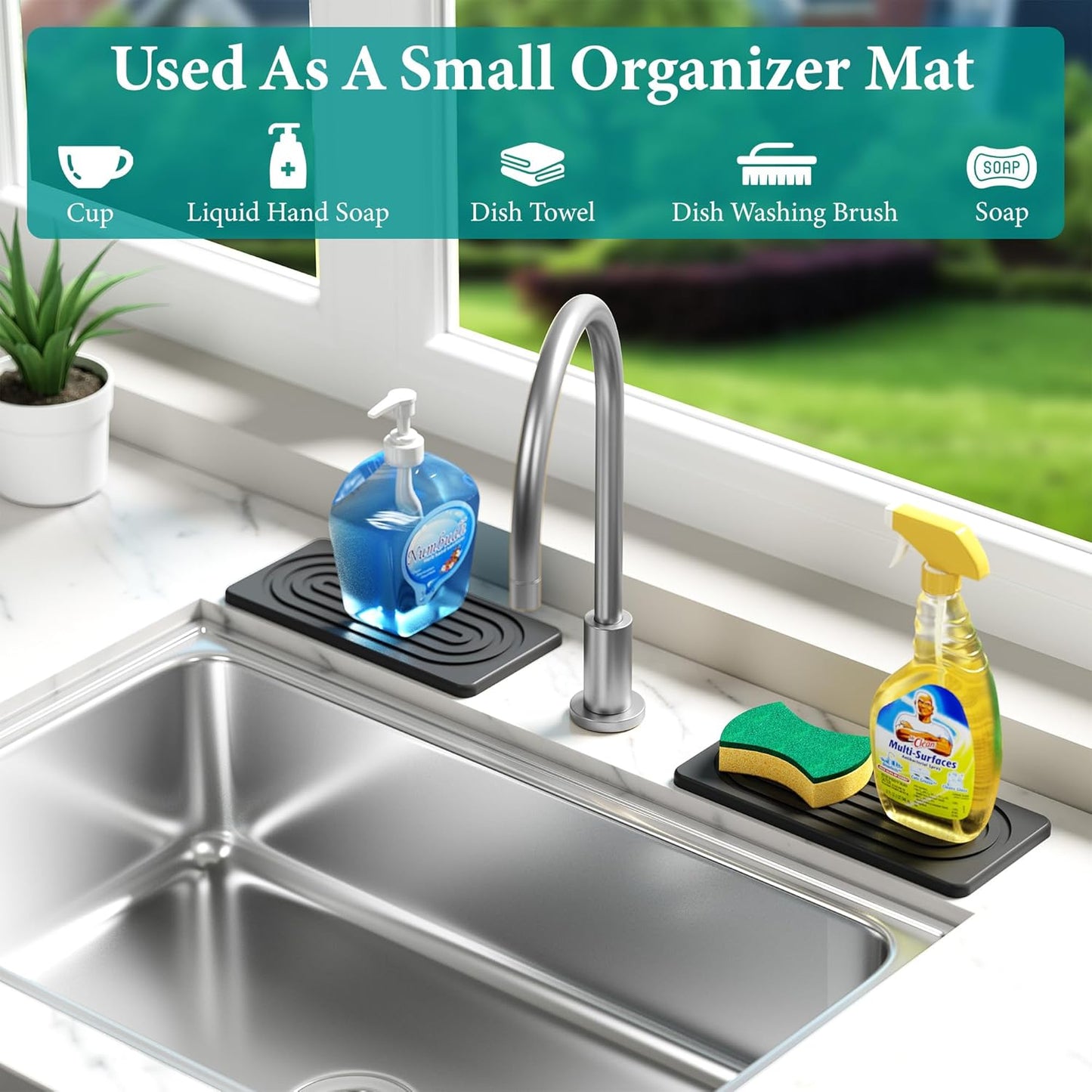 Water Absorbing Stone Tray for Sink, Quick Drying Diatomite Bathroom Tray Countertop, Stone Drying Mat for Kitchen Counter Faucet, Soap Dish Dispenser Vanity Organizer, Dark Grey-B-8.3" x 4"