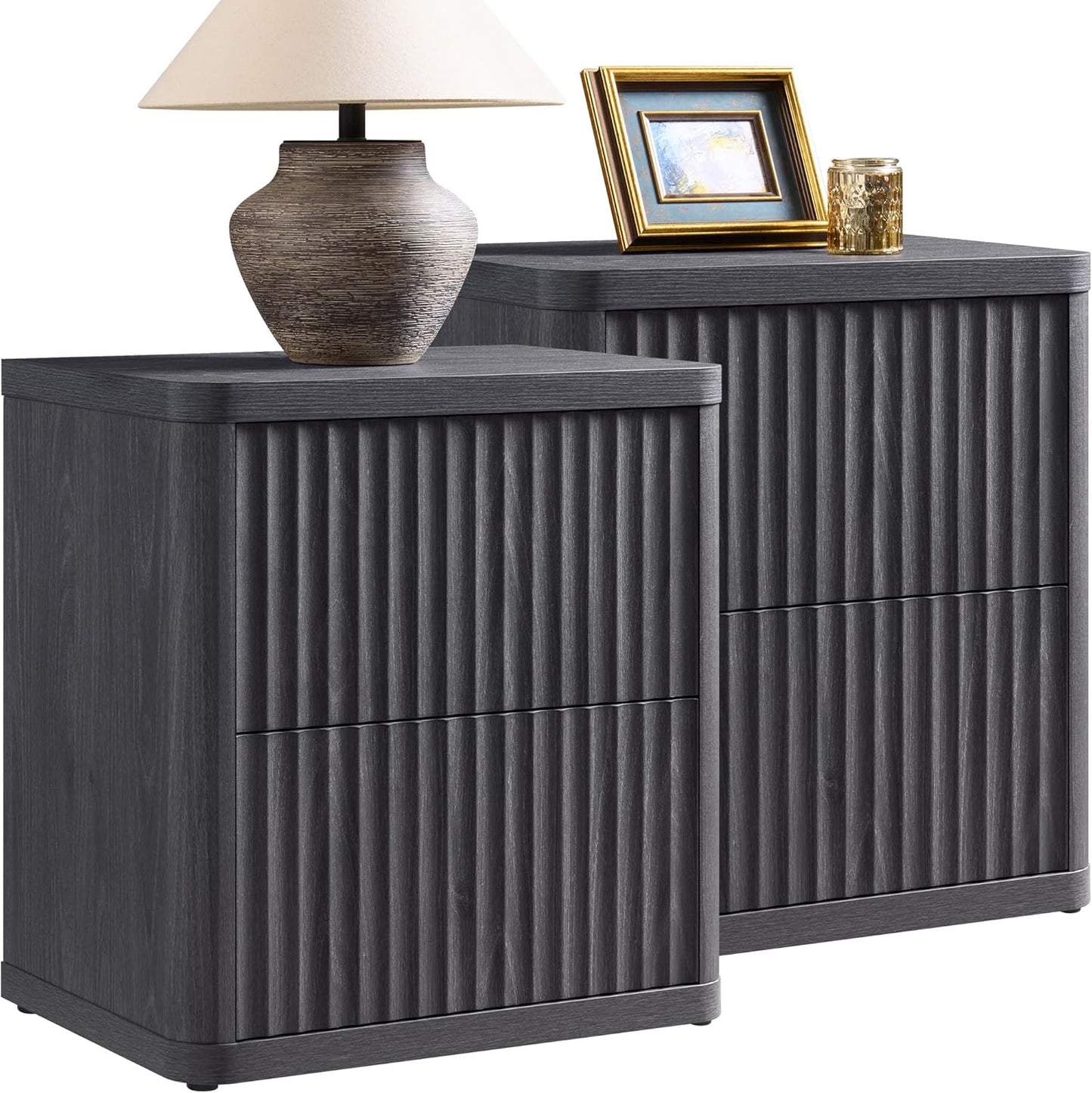 SICOTAS Night Stand Set of 2 Nightstands with 2 Drawers Storage Bedside Table Large Fluted Bed Side End Table Modern 24.4" Tall Wide Night Stands for Bedroom Living Room Sofa Couch Office