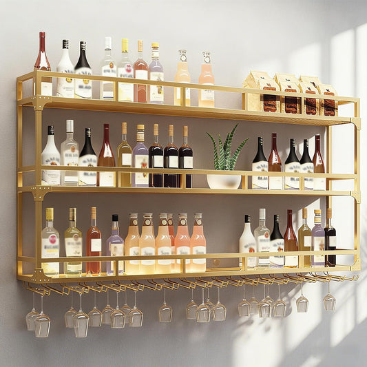 70.8in Wall Mounted Wine Rack, Wine Rack Wall Mounted with Wine Glass Rack, Metal Bar Bottle Display Shelf Wine Cups Hanging Holder, for Home Bar Cafe Decoration (Gold, 70.8 * 10 * 35.5IN)