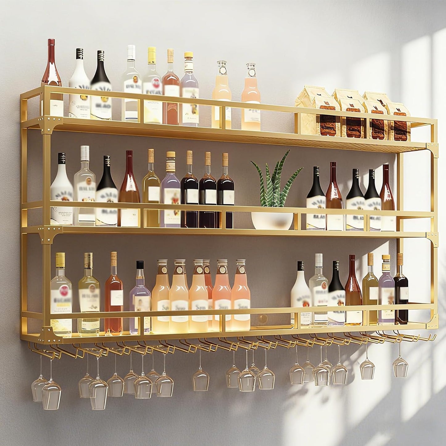 59in Wall Mounted Wine Rack, Wine Rack Wall Mounted With Wine Glass Rack, Metal Bar Bottle Display Shelf Wine Cups Hanging Holder, For Home Bar Cafe Dining Room Decoration (GOLD, 59*10*35.5IN)