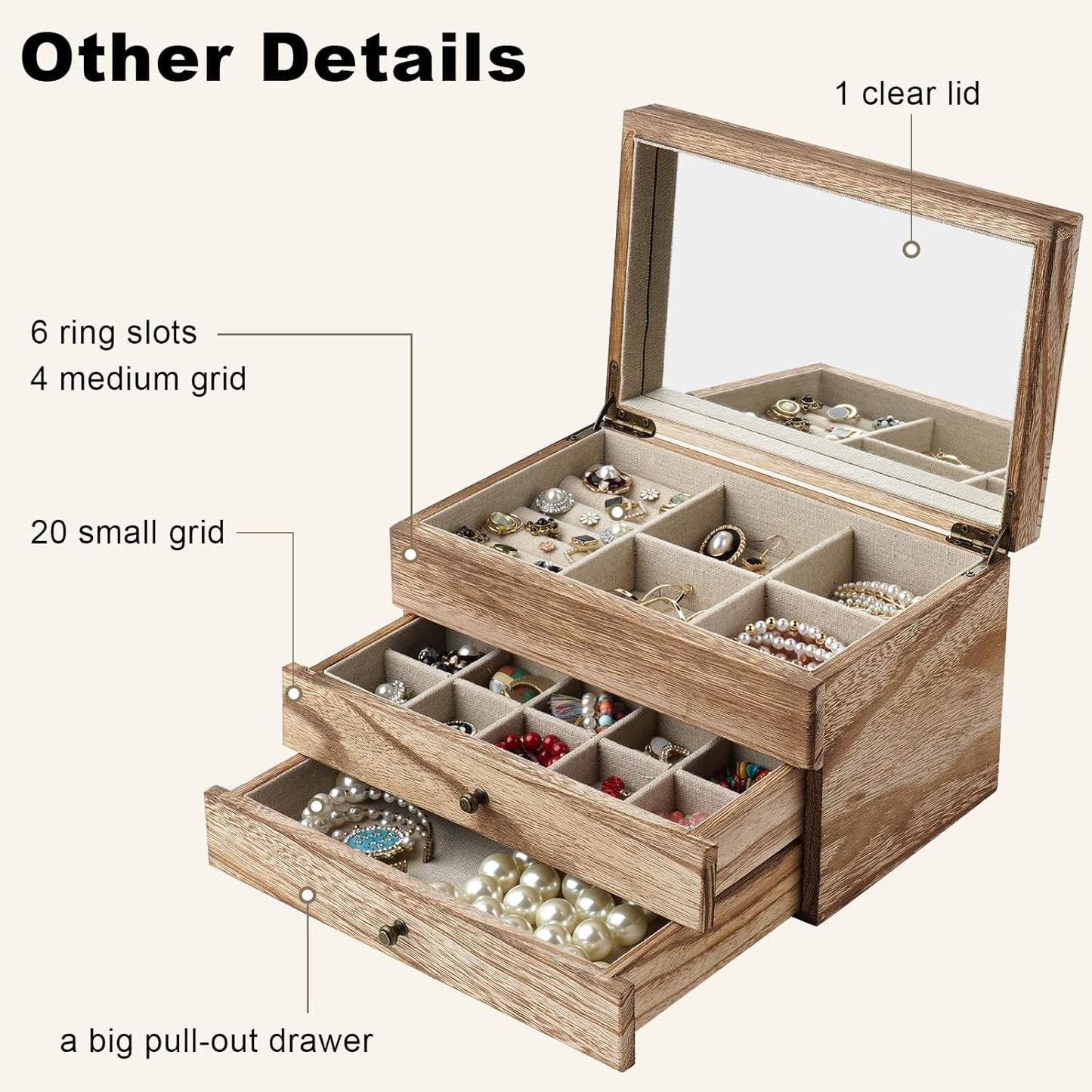 Meangood Jewelry Box Organizer for Women, 3 Layer Large Jewelry Storage Case, Rustic Wooden Jewelry Box with Mirror & Ring Tray for Necklace Earring Bracelets Rings, Vintage Style (Carbonized Black)