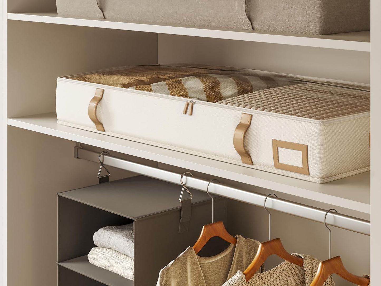 Vailando Storage Containers, 6 Inches Tall 60L Underbed Storage Bins with Leather Handles and Sidewalls, Closet Organizer for Clothes, Blankets, Seasonal Items, Beige with Brown, 2-Pack