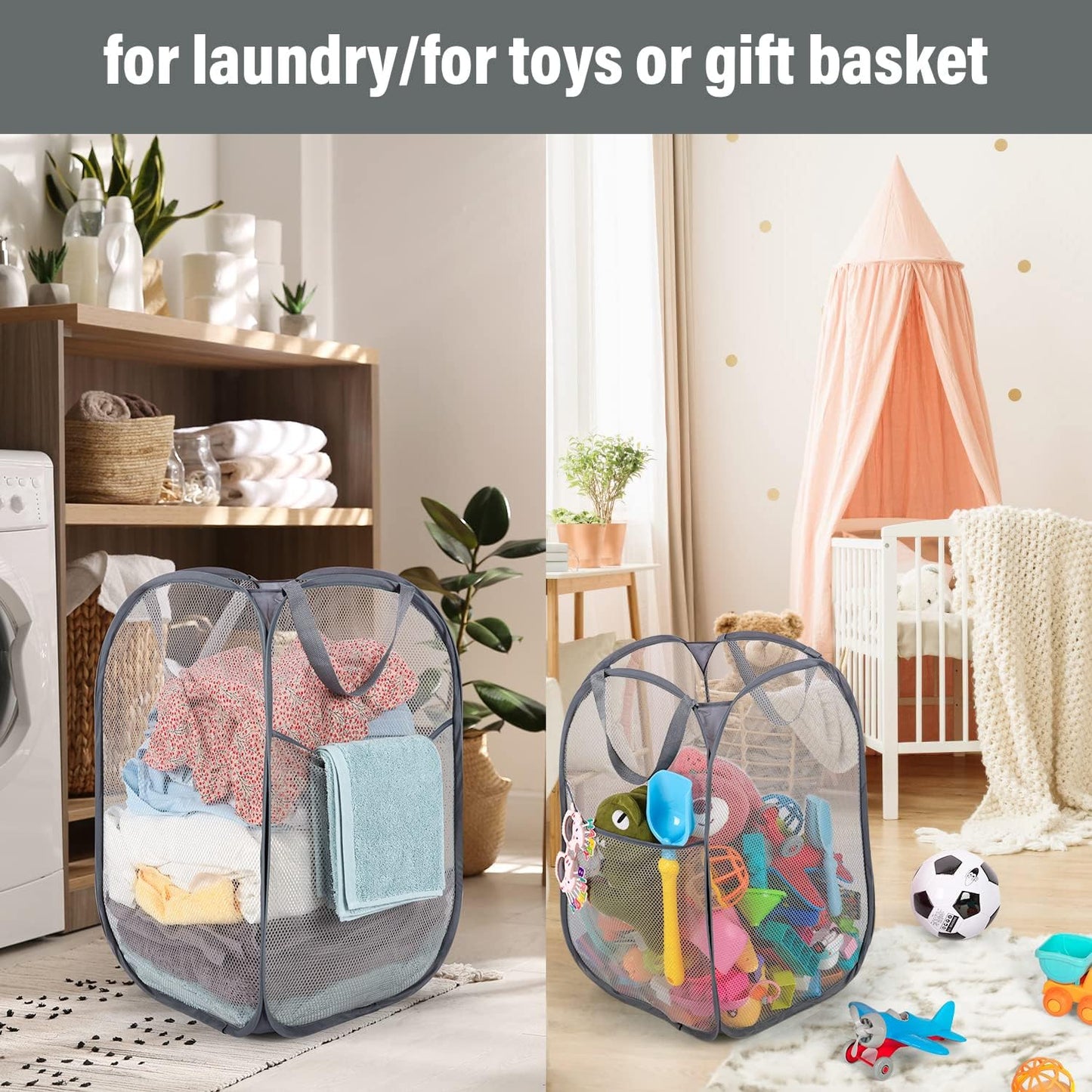 BATTOO Deluxe Strong Mesh Pop up Laundry Hamper Basket with Side Pocket for Laundry Room, Bathroom, Kids Room, College Dorm or Travel 2 Pack White