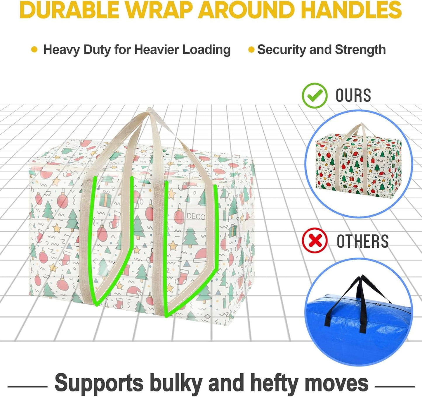 VENO 6 Pack Moving Bags and Large Christmas Storage Bins with lids. Alternative to Moving Boxes, Packing Supplies for College. Extra Large Heavy Duty Totes for Packaging (Jingle Mix, 6 Pack)