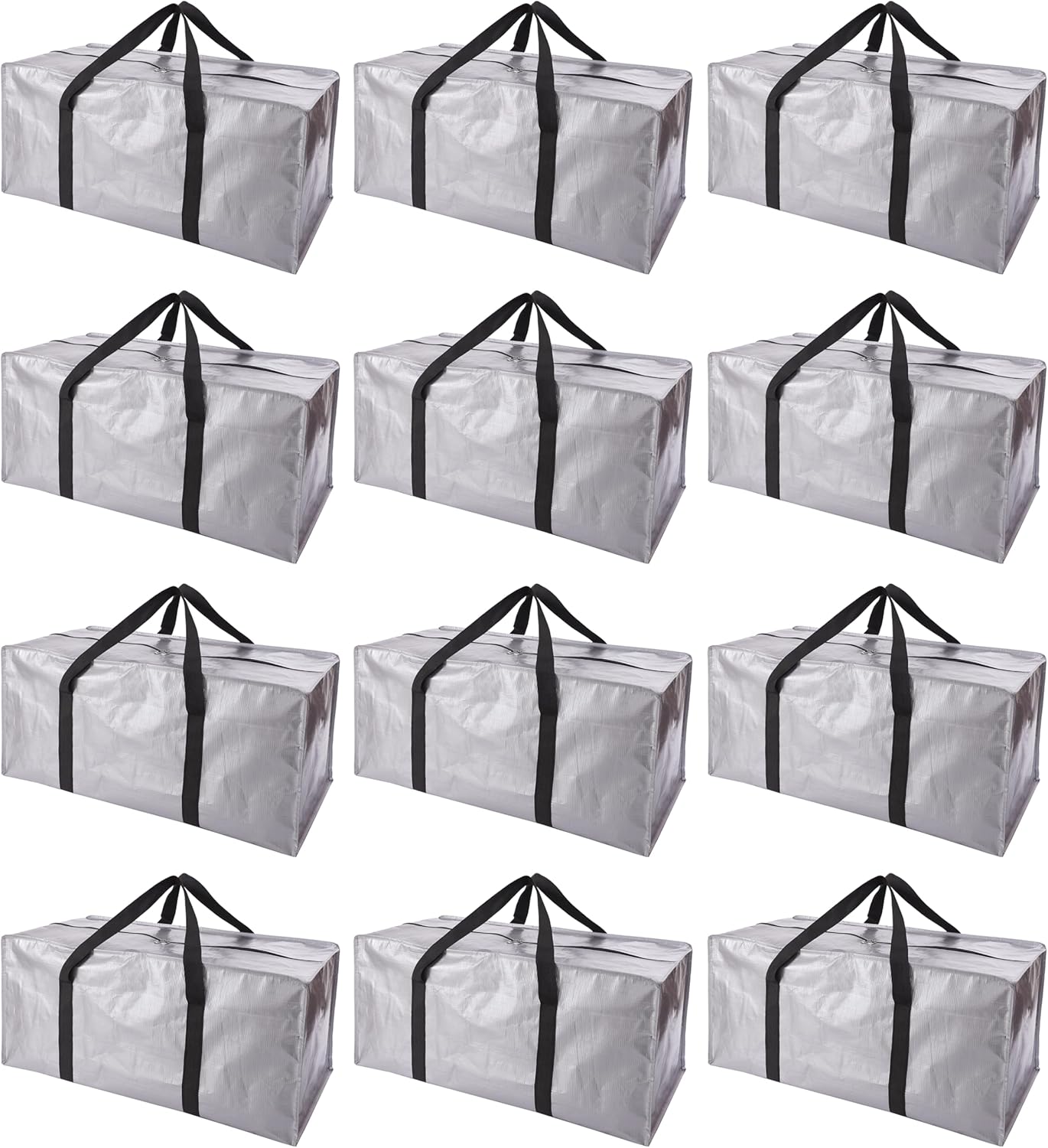 Extra Large Moving Bags with Zippers & Carrying Handles, Heavy-Duty Storage Tote for Space Saving Moving Storage, Fold Flat, Alternative to Box and Bin - 12 Pack, Silver