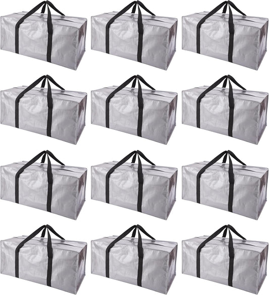 Extra Large Moving Bags with Zippers & Carrying Handles, Heavy-Duty Storage Tote for Space Saving Moving Storage, Fold Flat, Alternative to Box and Bin - 12 Pack, Silver