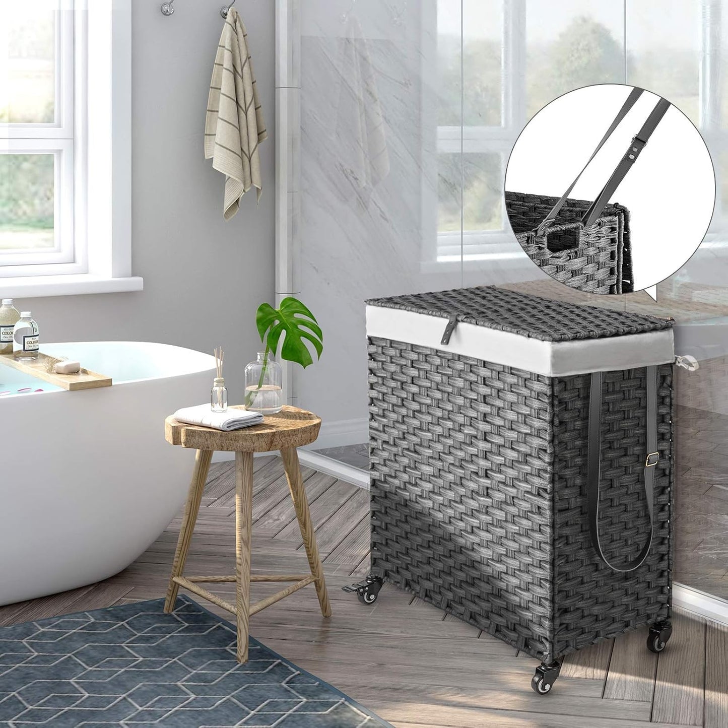 Greenstell Laundry Hamper with Wheels, No Install Needed, 90L Divided Handwoven Hampers & 2 Removable Liner Bags, Rattan Clothes Laundry Basket with Lid & Handles, Foldable Hampers Gray 18x13x26.4 In