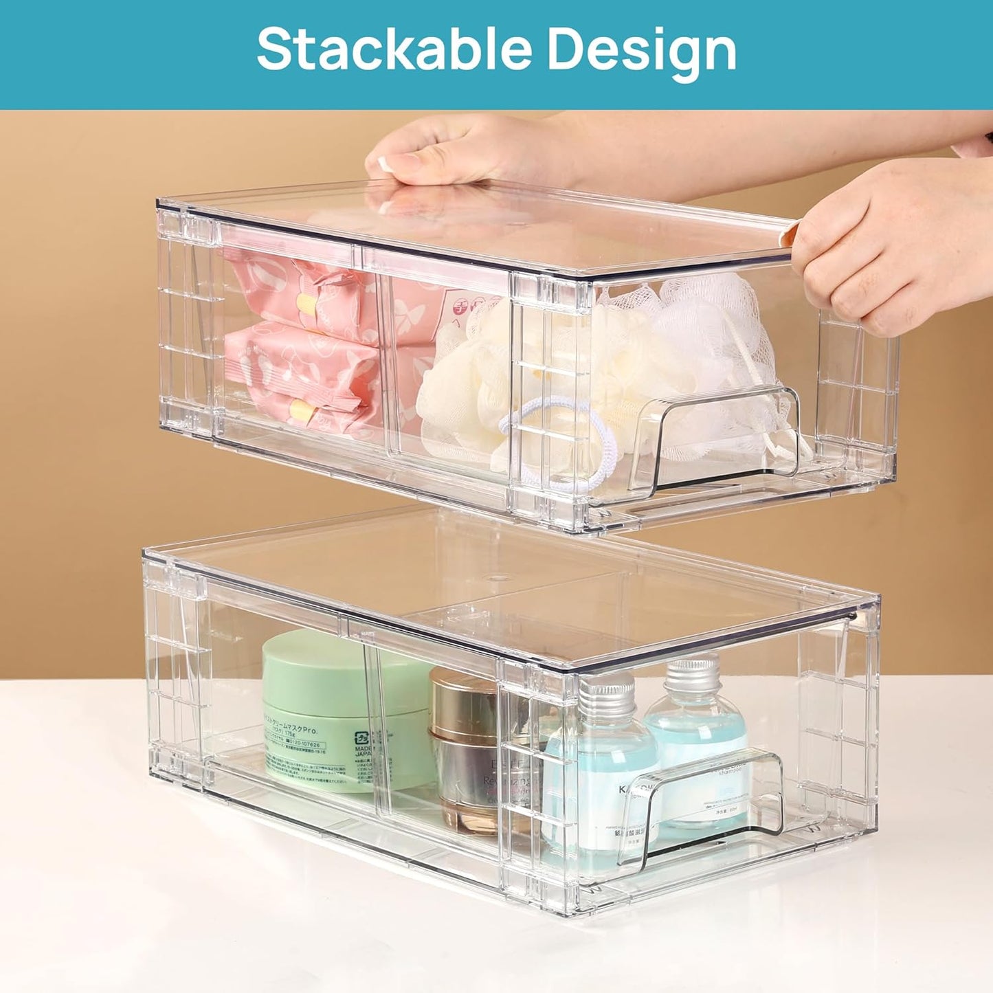 Vtopmart 6 Pack Stackable Storage Drawers,Clear Acrylic Drawer Organizers with Handles, Easily Assemble Containers for Fridge, Bathroom,Kitchen Undersink,Cabinet,Pantry Organization and Storage