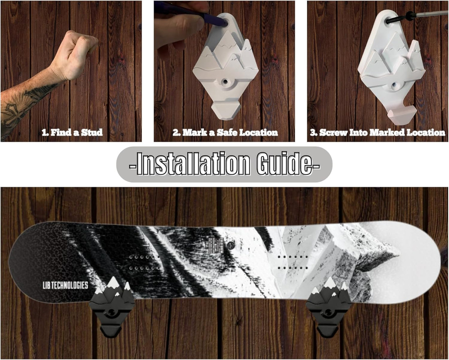 Snowboard Wall Mounts, Fits Any Snowboard, Snowboard Storage Rack, Wall Art, Winter Sports Accessories (Black)