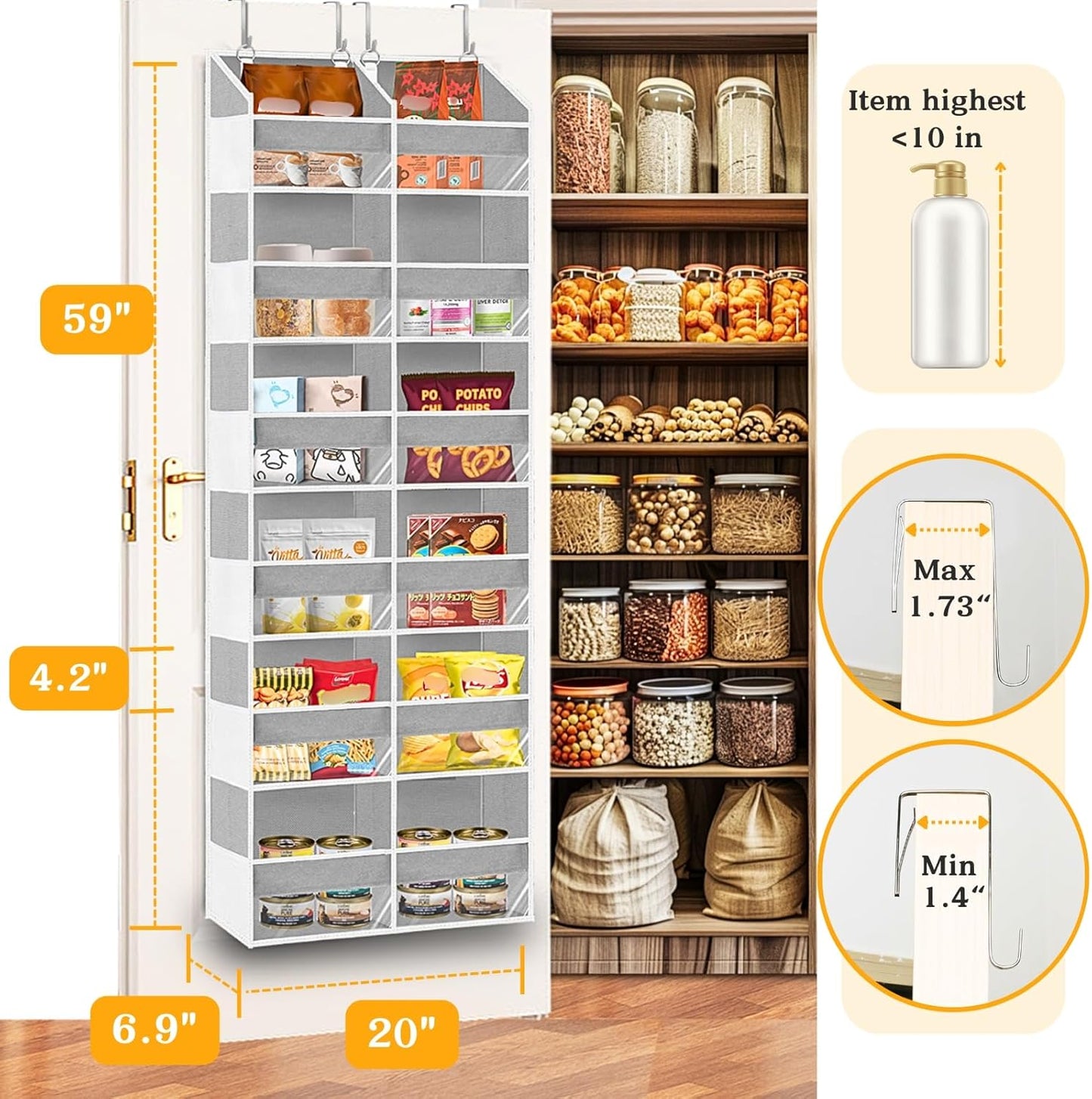 Over The Door Organizer 6 Tiers, Extra Large Behind Door Storage of 12 Compartments, 80 lbs Weight Capacity Hanging Storage Organizer with Clear Window Kids Toys,Shoes,Diapers,Room Storage,Light Grey