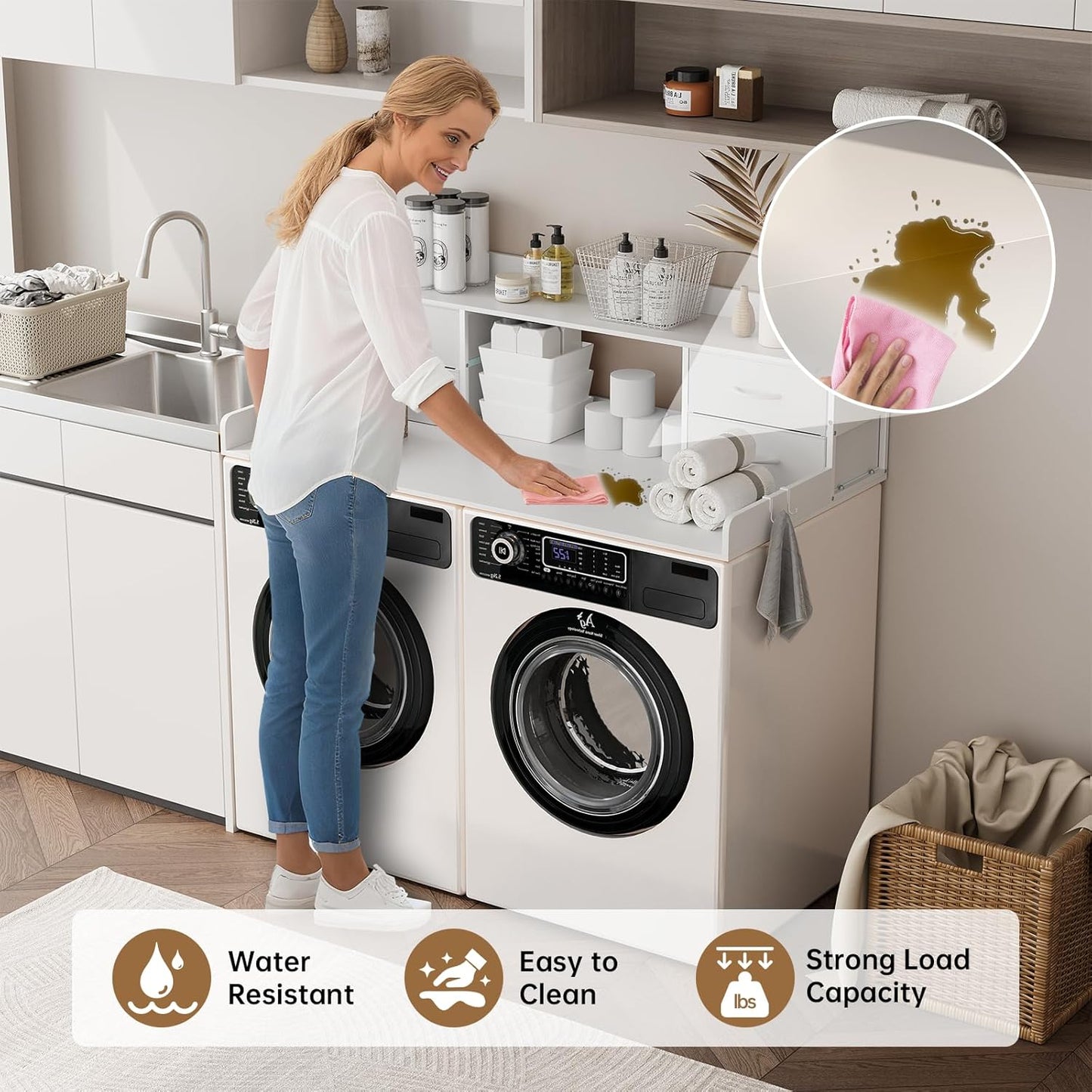 4 Drawers Washer Dryer Countertop with Shelf, 27.5" D x 54" W Laundry Topper with 3.54" High Guardrails and Non-Slip Pads,Extra Storage Organizer for Over Washer and Dryer, Holds 66 Lbs,White
