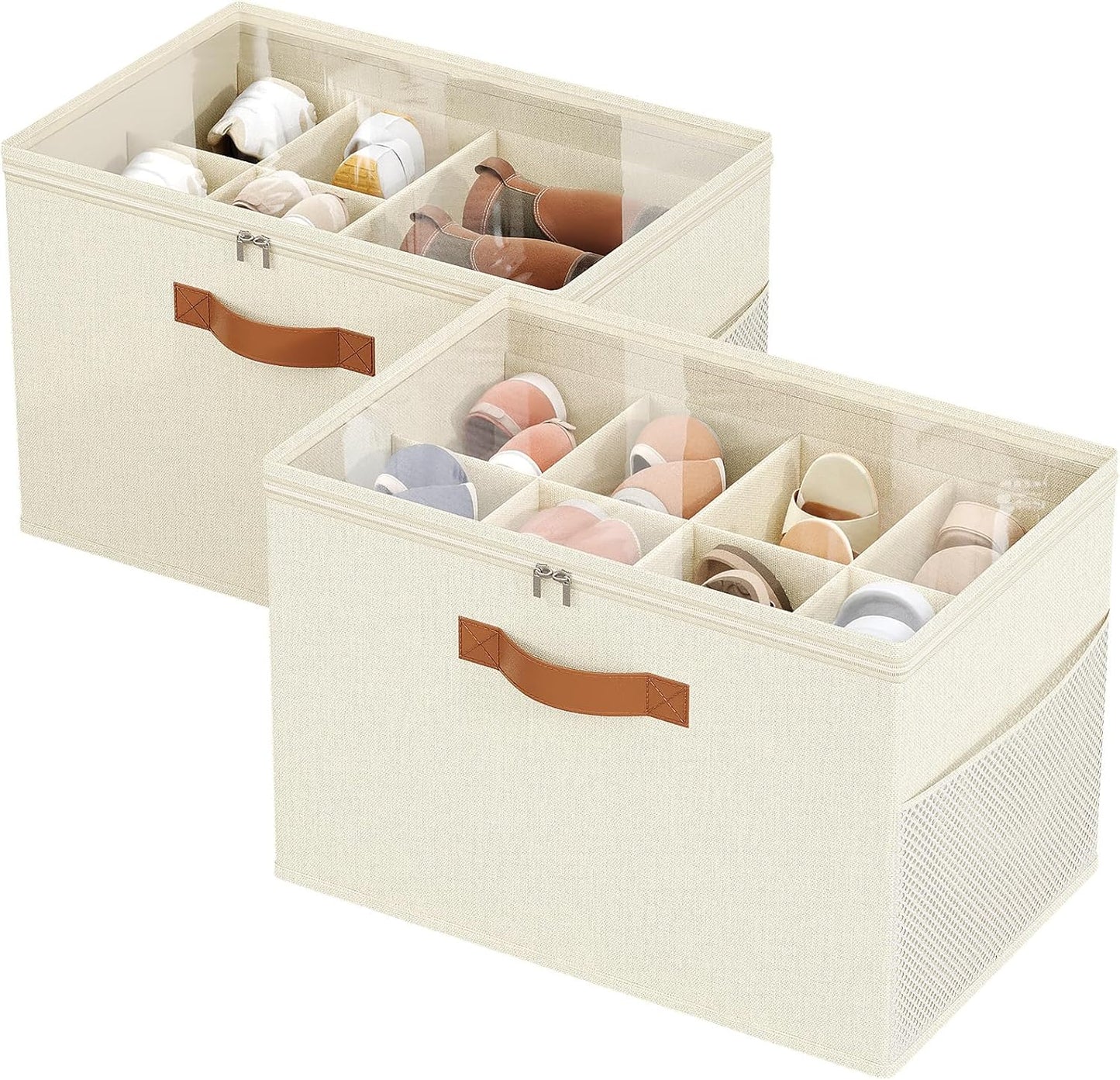 Shoe Organizer for Closet, 2 Pack Foldable Shoe Storage Organizer with Adjustable Dividers, Shoe Storage Box with Clear Cover, Fits up to 16 Pairs, Beige