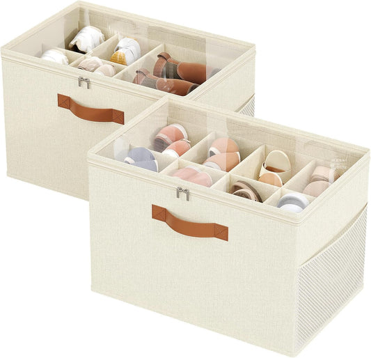 Shoe Organizer for Closet, 2 Pack Foldable Shoe Storage Organizer with Adjustable Dividers, Shoe Storage Box with Clear Cover, Fits up to 16 Pairs, Beige