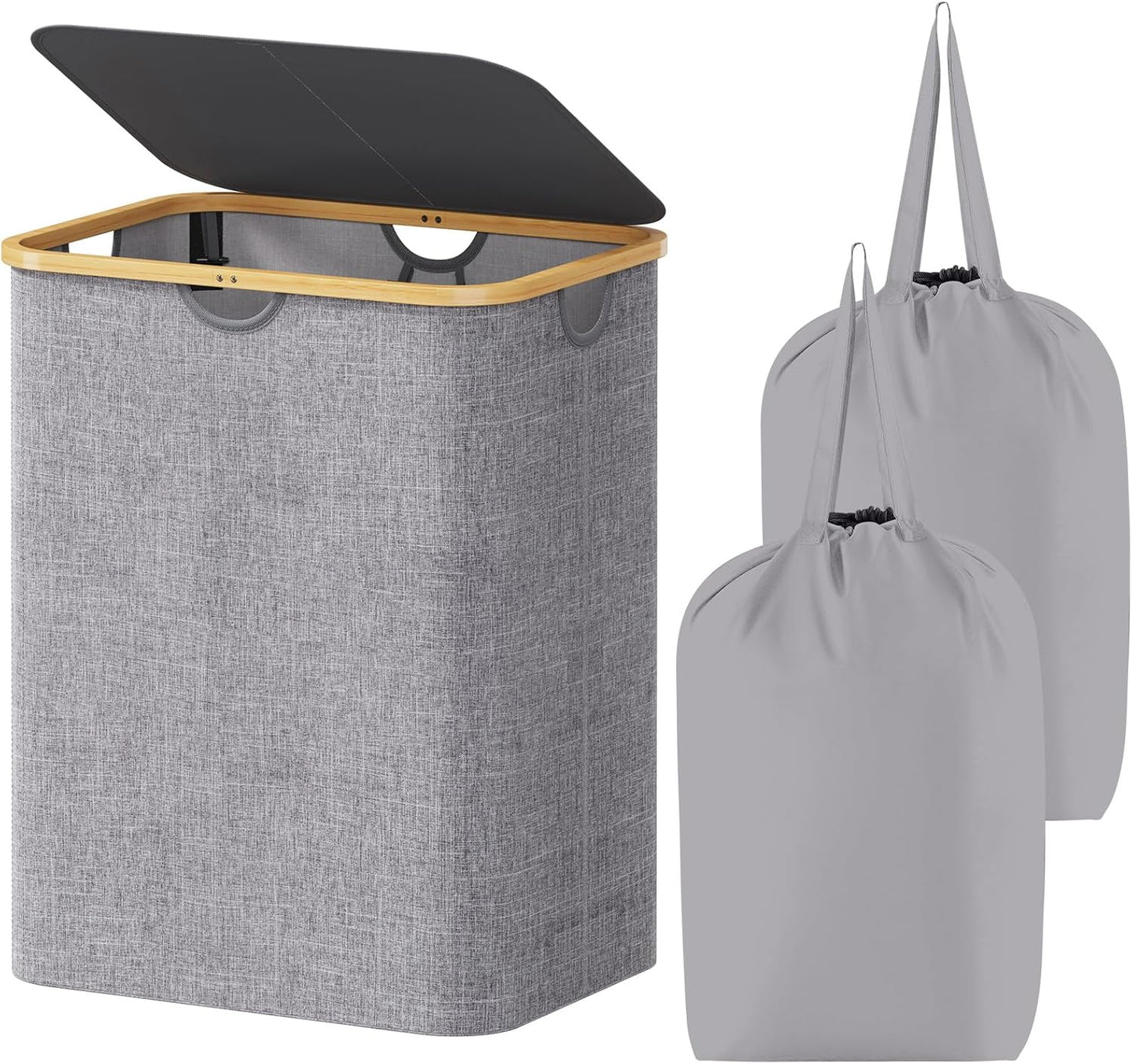 Lifewit 120L Large Laundry Hamper with Lid, Foldable 2 Section Laundry Basket with Bamboo Handles and Removable Bags for Laundry Room, Bathroom, Bedroom, Light Gray