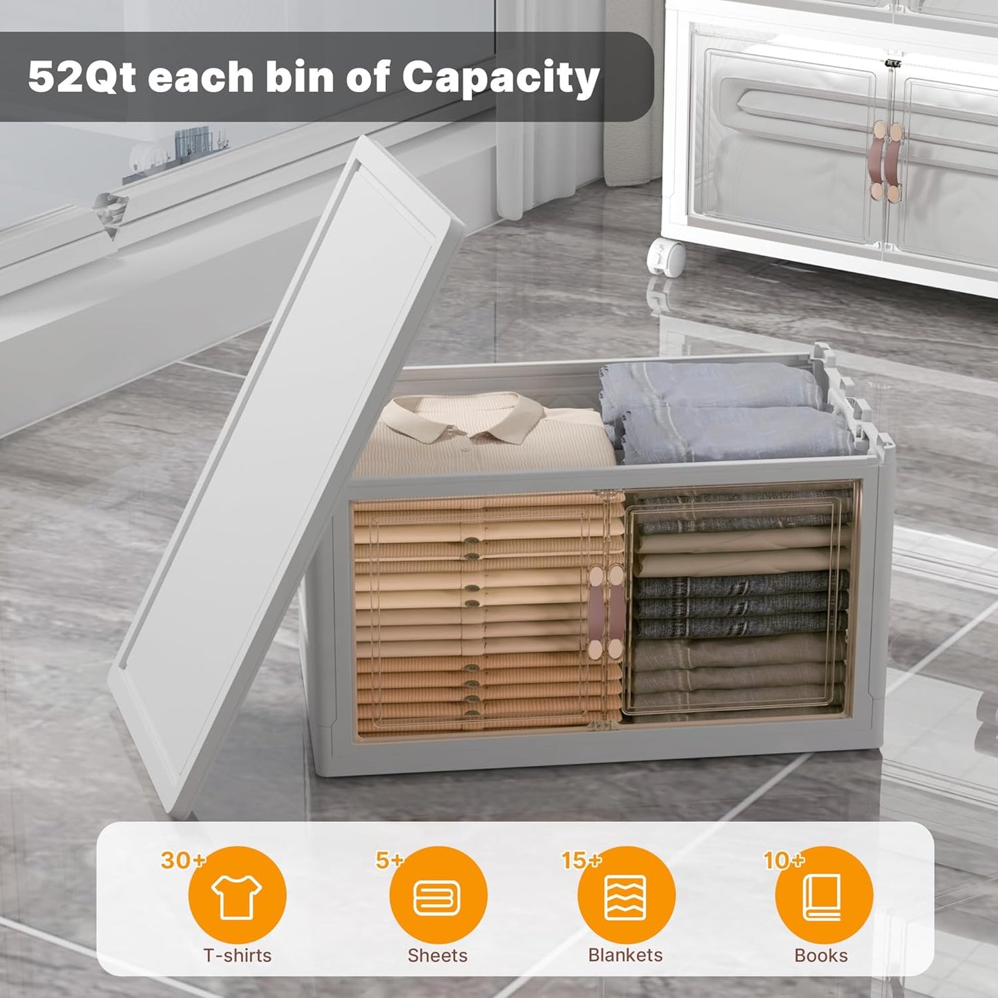 Extra Large Stackable Storage Bins with Lids & Wheels & Door, 416QT-52QT/13GAL*8Pack Foldable Collapsible Closet Organizers, Plastic containers drawers for bedroom Dorm