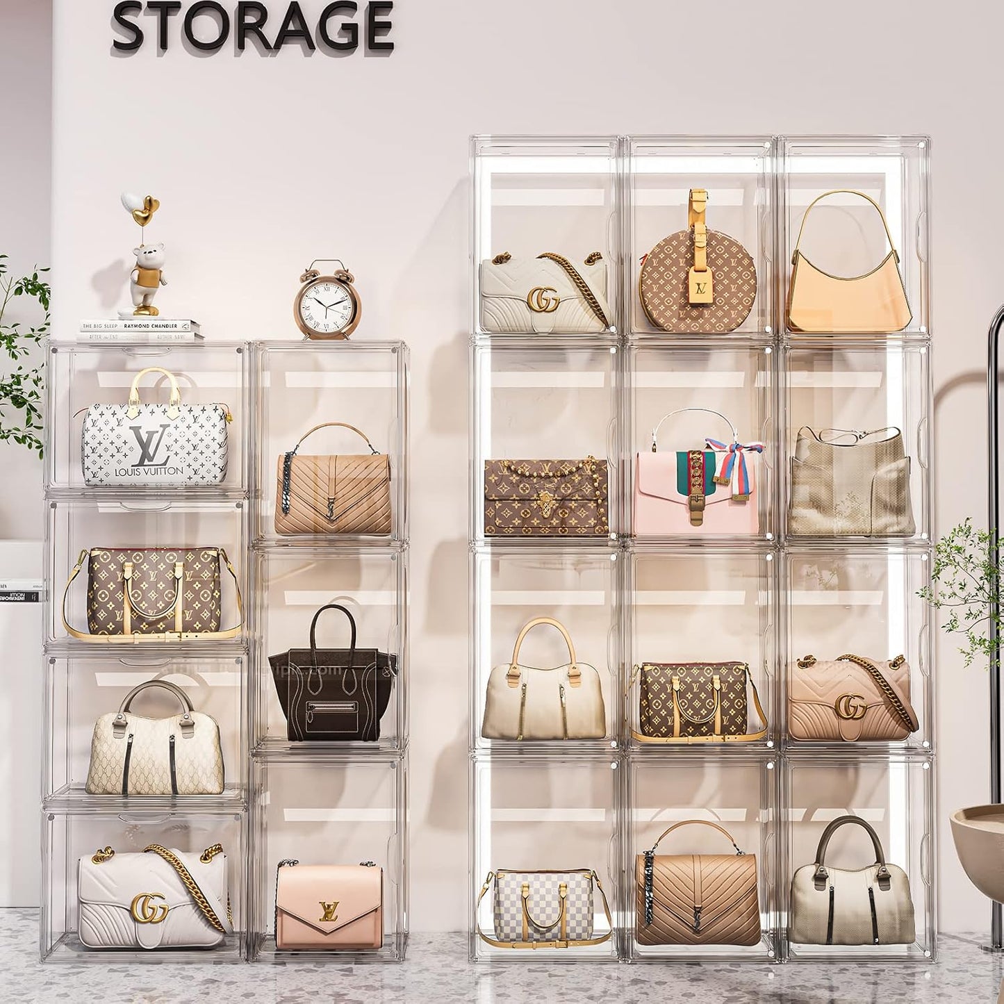 Purse Organizer for Closet, 3 Pack Handbag Storage Organizer, Clear Acrylic Display Case for Collectibles, Stackable Bag Organizer with Magnetic Door for Wallet, Clutch, Figure, Toys