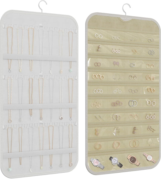 Hanging Jewelry Organizer Storage, 40 Pockets 36 Hooks Necklace Earring Bracelet Ring Organizer, Double - Sided Design, White and Beige