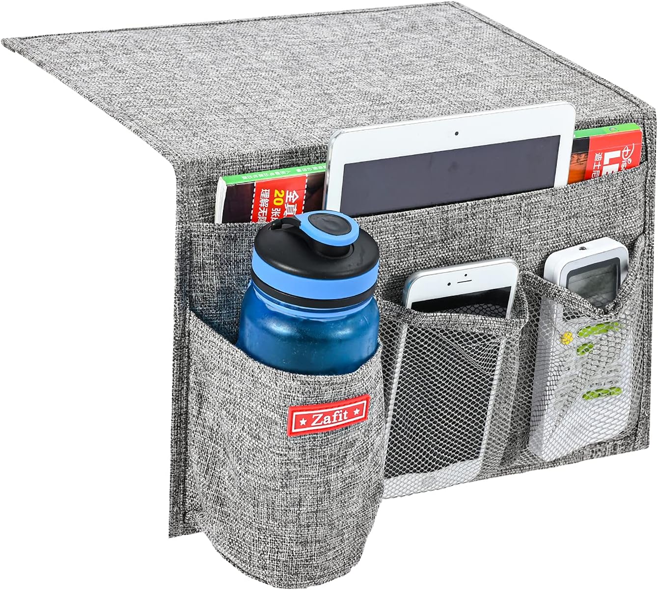 Linen 4 Pockets Bedside Caddy, Bedside Storage Organizer with Water Bottle Holde for Magazine, Remotes, Phone (Grey)