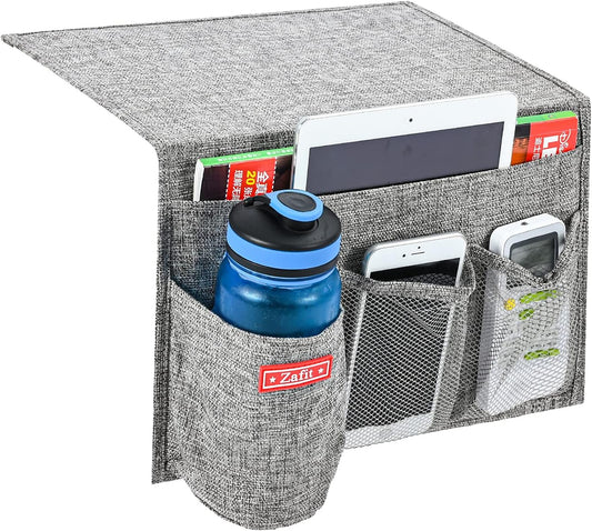 Linen 4 Pockets Bedside Caddy, Bedside Storage Organizer with Water Bottle Holde for Magazine, Remotes, Phone (Grey)