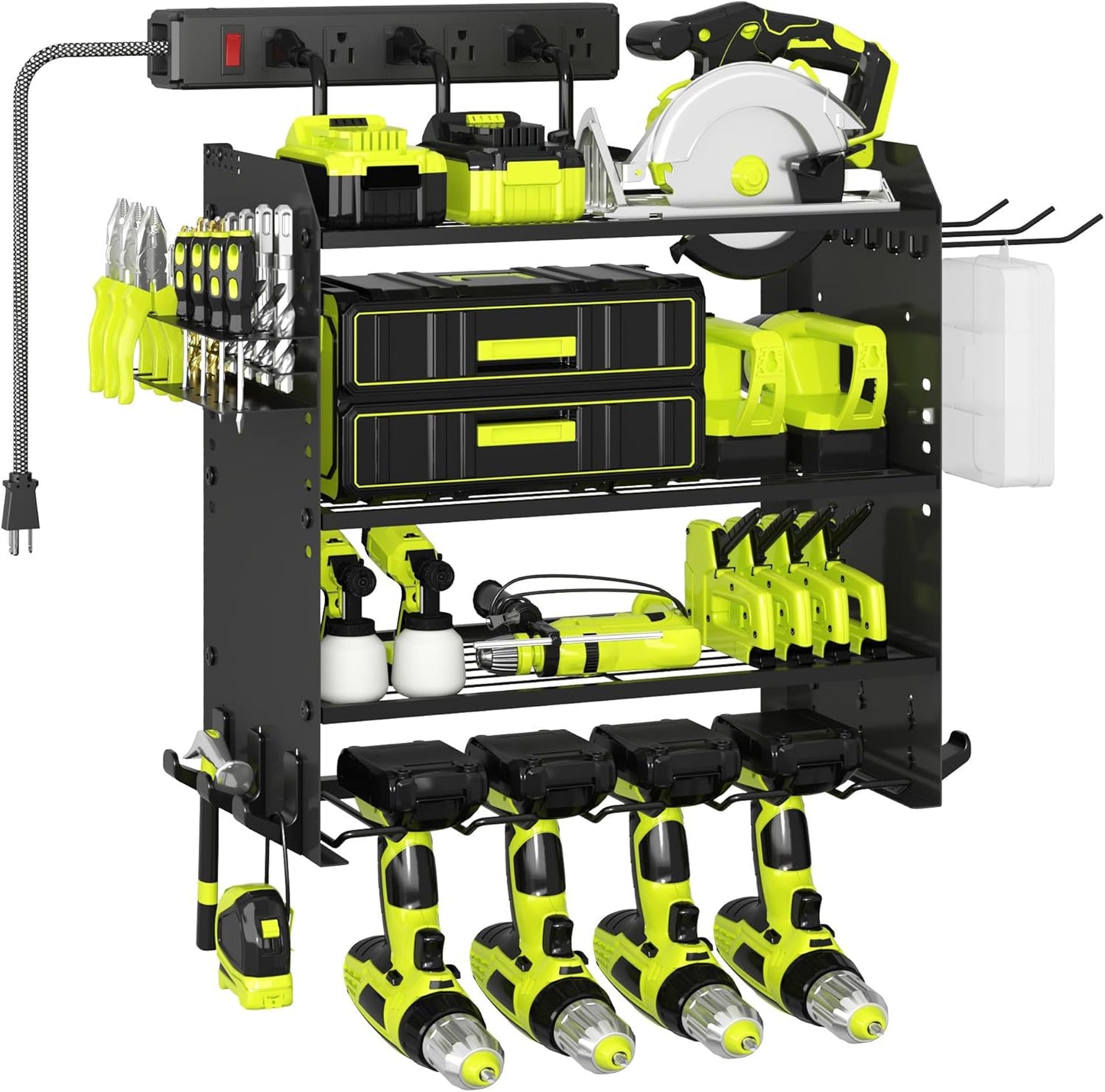 4 Layer Heavy Duty Power Tool Organizer Wall Mount with Charging Station, Adjustable Metal Storage Rack, 6 Outlets Strip, Drill Holders, Hooks & Drill Bit Rack for Garage, Workshop, Black