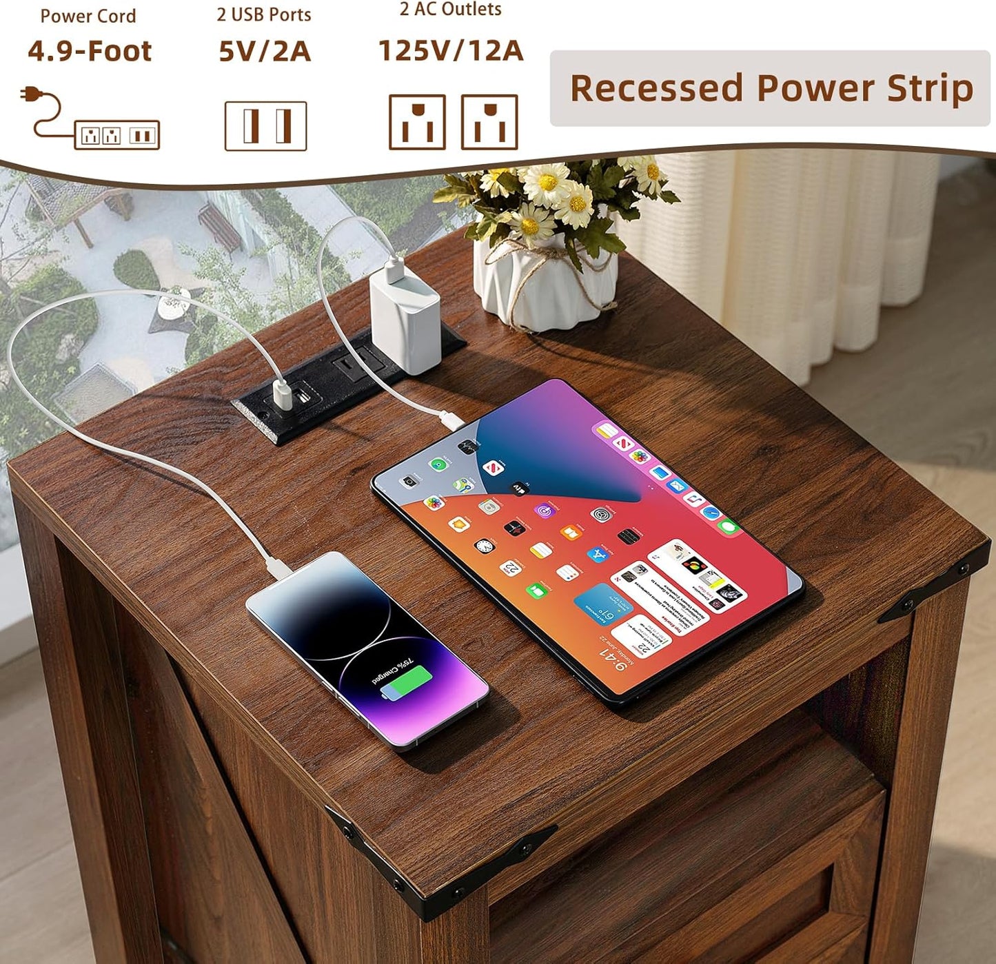 Nightstand with Charging Station and USB Port, Farmhouse Side End Table with 2 Drawers and Open Shelf, Wood Rustic Sofa Table, Bedside Cabinet for Bedroom, Living Room, Closet, Office(Brown)
