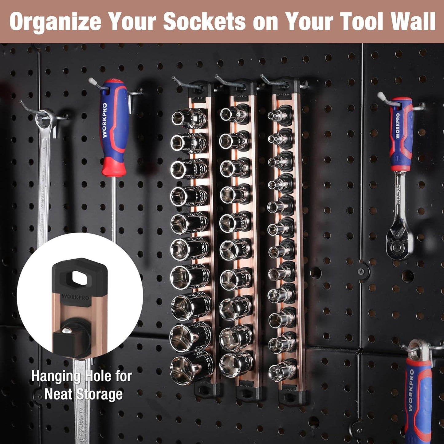 WORKPRO Magnetic Socket Organizer, 1/4-Inch Drive Aluminum Alloy Socket Rail, Heavy Duty Socket Holder, Socket Rack Kit 1/4-Inch x 12 Clips Champagne (Socket not Included)