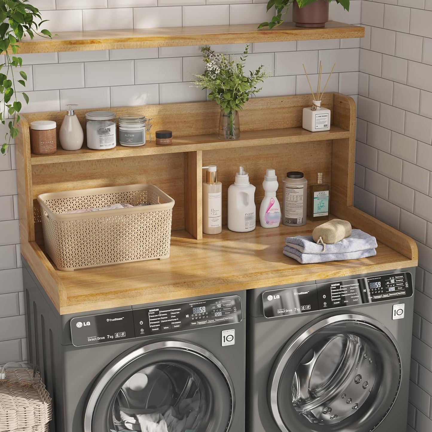 2-Tier Washer Dryer Countertop, 18.5" Raised Height Laundry Countertop with Edge Rails and Non-Slip Pad, 54"W x 27.55"D Washer and Dryer Topper for Laundry Room Storage Organization (Pure Wood Color)